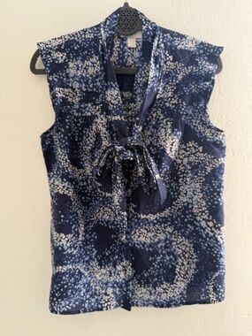 LOFT Navy Blue Silk Blend Tie Neck Blouse Sleeveless Size Small